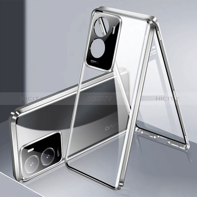 Coque Rebord Bumper Luxe Aluminum Metal Miroir 360 Degres Housse Etui Aimant P01 pour Vivo Y35 5G Argent Plus