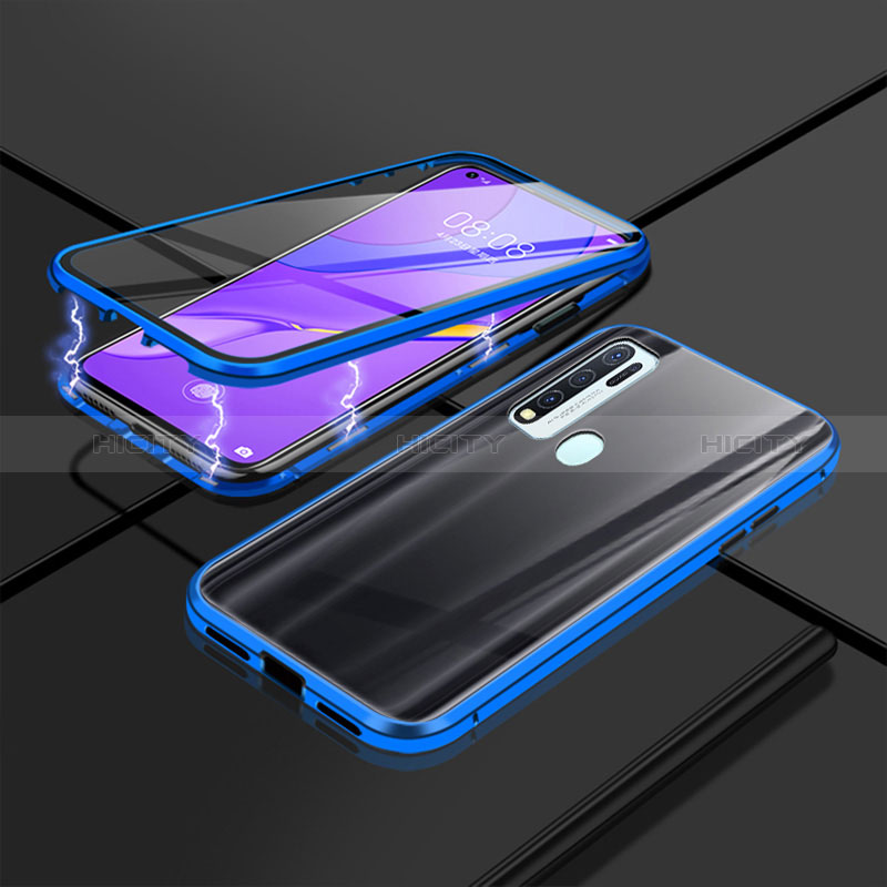 Coque Rebord Bumper Luxe Aluminum Metal Miroir 360 Degres Housse Etui Aimant P01 pour Vivo Y50 Bleu Plus