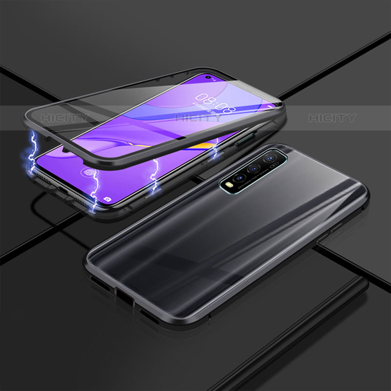 Coque Rebord Bumper Luxe Aluminum Metal Miroir 360 Degres Housse Etui Aimant P01 pour Vivo Y50t Noir Plus