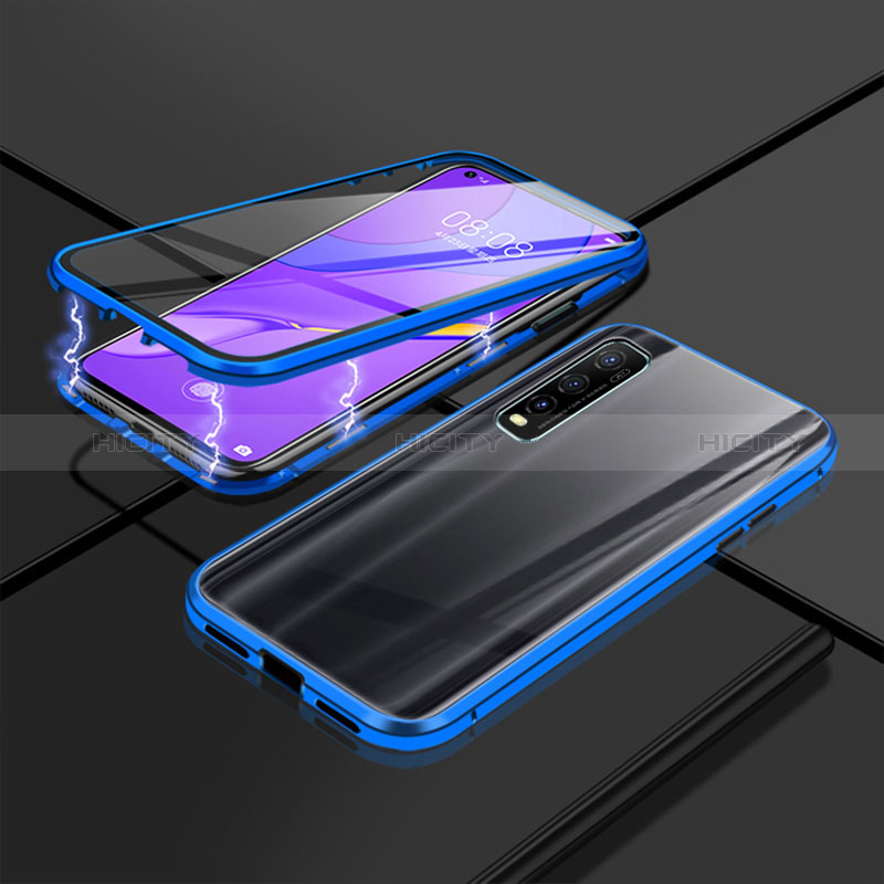 Coque Rebord Bumper Luxe Aluminum Metal Miroir 360 Degres Housse Etui Aimant P01 pour Vivo Y51s 5G Bleu Plus