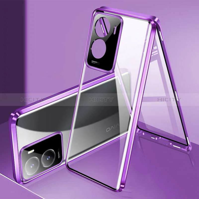 Coque Rebord Bumper Luxe Aluminum Metal Miroir 360 Degres Housse Etui Aimant P01 pour Vivo Y53t 5G Violet Plus