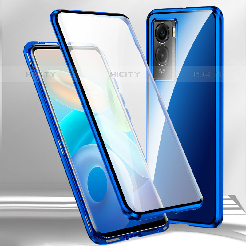 Coque Rebord Bumper Luxe Aluminum Metal Miroir 360 Degres Housse Etui Aimant P01 pour Vivo Y55s (2021) Bleu Plus