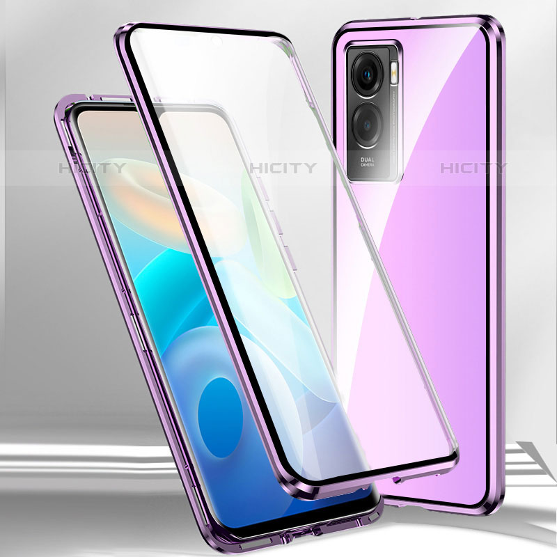 Coque Rebord Bumper Luxe Aluminum Metal Miroir 360 Degres Housse Etui Aimant P01 pour Vivo Y72t Violet Plus