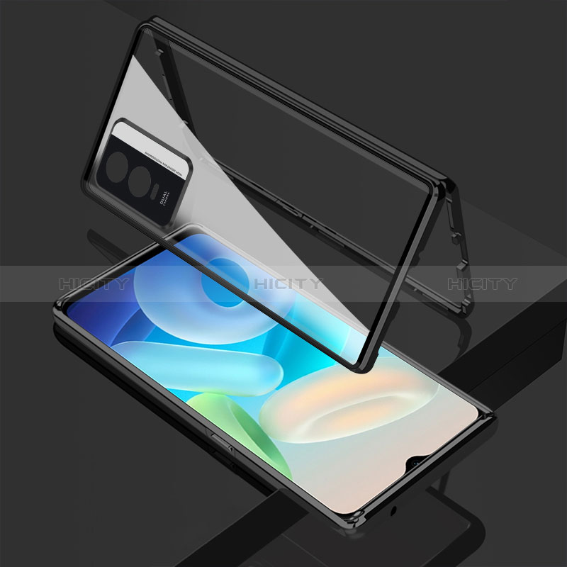 Coque Rebord Bumper Luxe Aluminum Metal Miroir 360 Degres Housse Etui Aimant P01 pour Vivo Y76s 5G Noir Plus