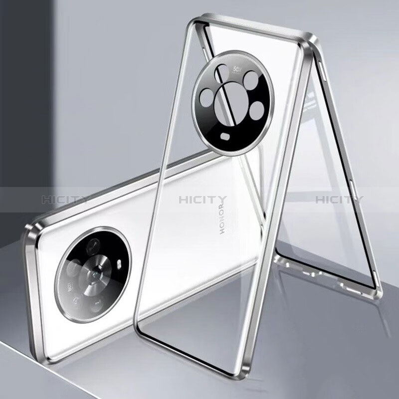 Coque Rebord Bumper Luxe Aluminum Metal Miroir 360 Degres Housse Etui Aimant P02 pour Huawei Honor Magic4 5G Argent Plus