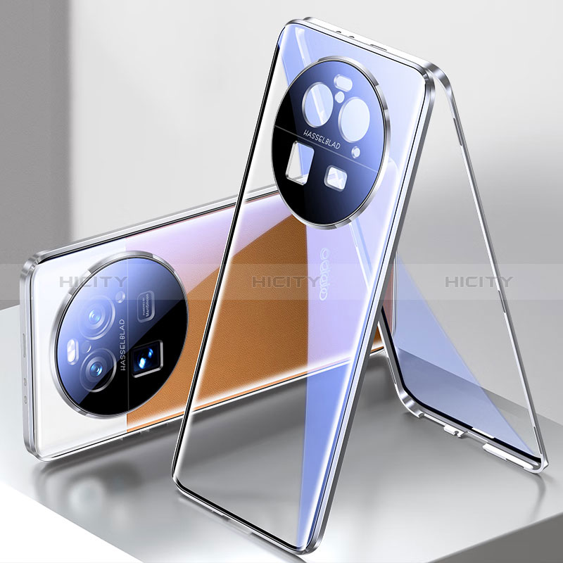 Coque Rebord Bumper Luxe Aluminum Metal Miroir 360 Degres Housse Etui Aimant P02 pour Oppo Find X6 5G Argent Plus