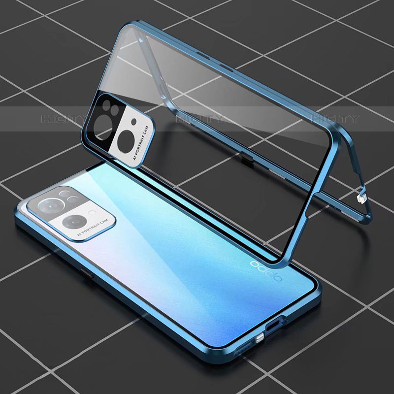 Coque Rebord Bumper Luxe Aluminum Metal Miroir 360 Degres Housse Etui Aimant P02 pour Oppo Reno7 Pro 5G Bleu Plus