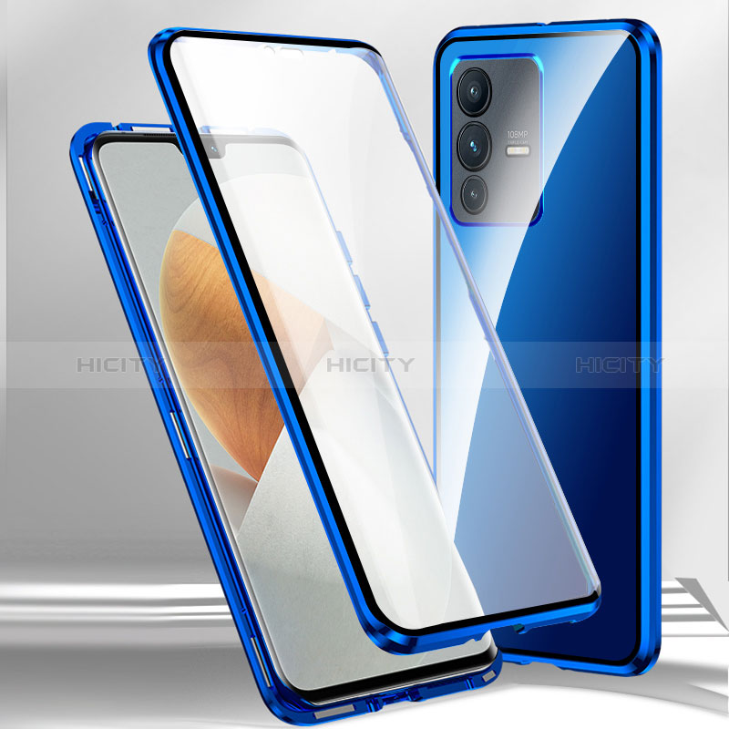 Coque Rebord Bumper Luxe Aluminum Metal Miroir 360 Degres Housse Etui Aimant P02 pour Vivo V23 5G Bleu Plus