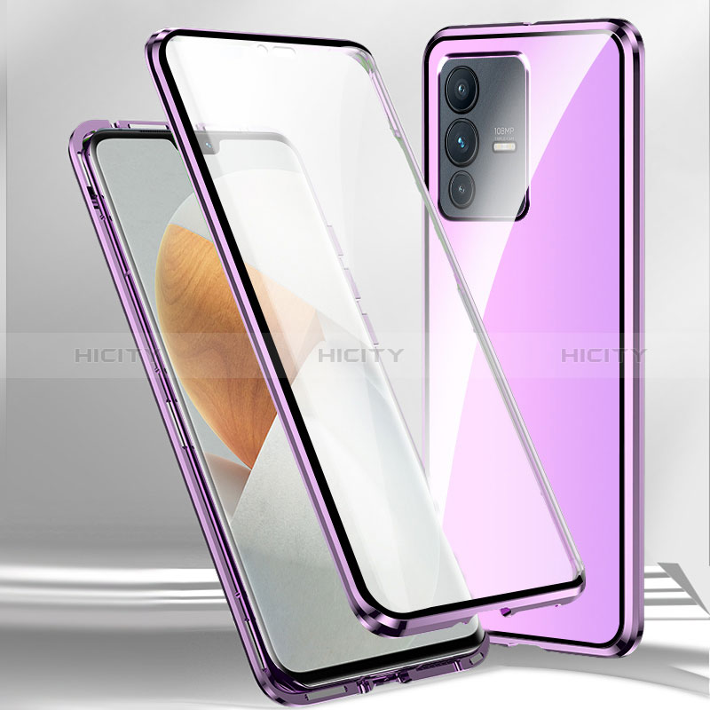 Coque Rebord Bumper Luxe Aluminum Metal Miroir 360 Degres Housse Etui Aimant P02 pour Vivo V23 Pro 5G Violet Plus