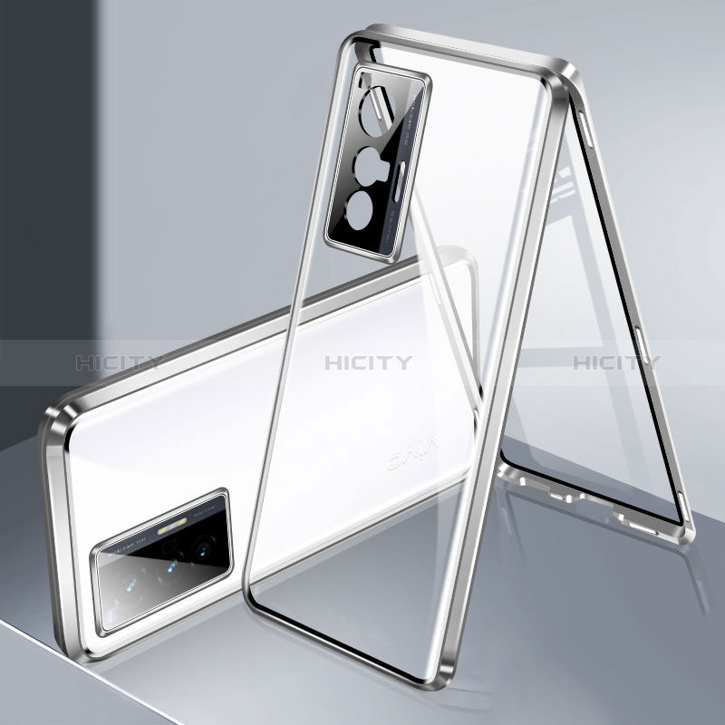 Coque Rebord Bumper Luxe Aluminum Metal Miroir 360 Degres Housse Etui Aimant P02 pour Vivo X70t Argent Plus