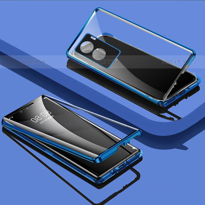 Coque Rebord Bumper Luxe Aluminum Metal Miroir 360 Degres Housse Etui Aimant P02 pour Vivo Y72t Bleu Plus