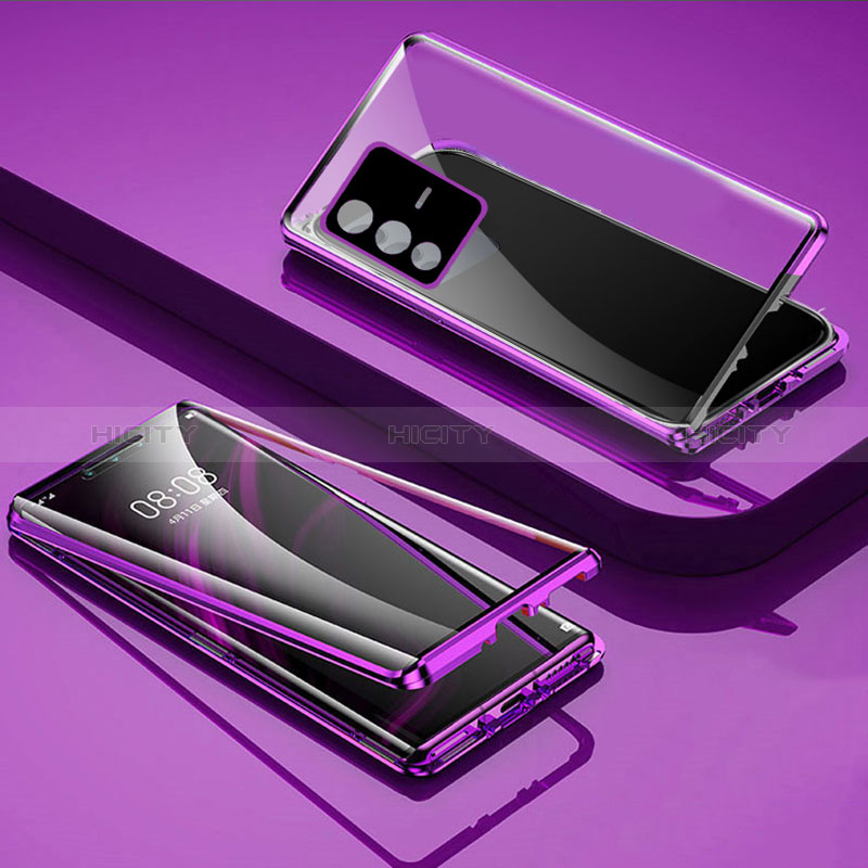 Coque Rebord Bumper Luxe Aluminum Metal Miroir 360 Degres Housse Etui Aimant P03 pour Vivo V23 Pro 5G Violet Plus