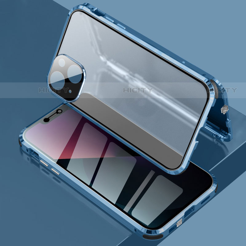 Coque Rebord Bumper Luxe Aluminum Metal Miroir 360 Degres Housse Etui Aimant pour Apple iPhone 13 Bleu Plus