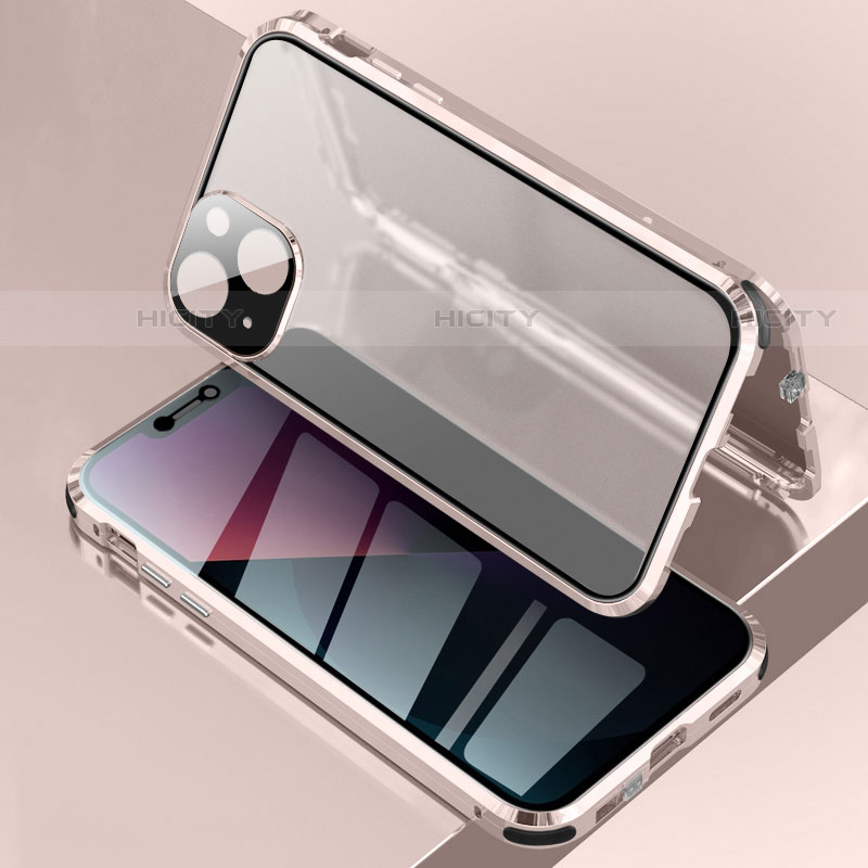 Coque Rebord Bumper Luxe Aluminum Metal Miroir 360 Degres Housse Etui Aimant pour Apple iPhone 13 Mini Or Rose Plus