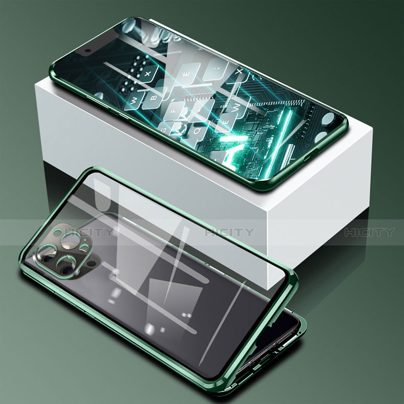 Coque Rebord Bumper Luxe Aluminum Metal Miroir 360 Degres Housse Etui Aimant pour Apple iPhone 13 Pro Max Vert Plus