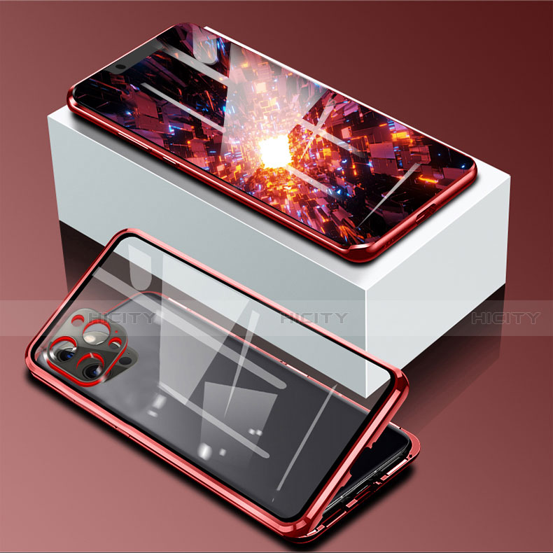 Coque Rebord Bumper Luxe Aluminum Metal Miroir 360 Degres Housse Etui Aimant pour Apple iPhone 13 Pro Rouge Plus