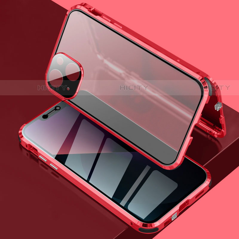 Coque Rebord Bumper Luxe Aluminum Metal Miroir 360 Degres Housse Etui Aimant pour Apple iPhone 13 Rouge Plus