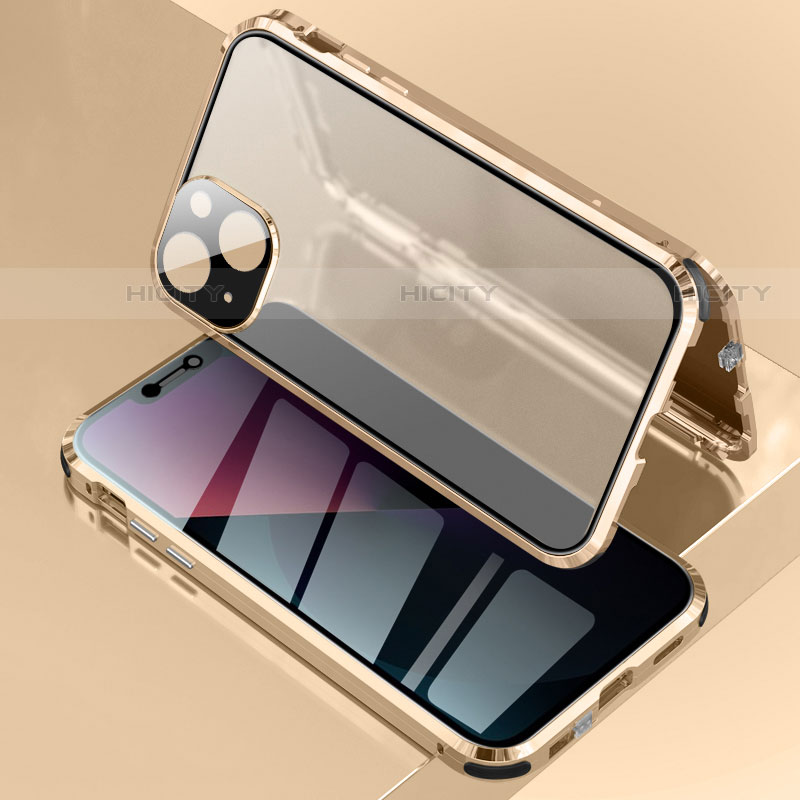 Coque Rebord Bumper Luxe Aluminum Metal Miroir 360 Degres Housse Etui Aimant pour Apple iPhone 14 Or Plus