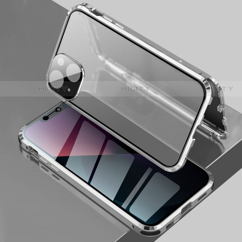 Coque Rebord Bumper Luxe Aluminum Metal Miroir 360 Degres Housse Etui Aimant pour Apple iPhone 14 Plus Argent Plus