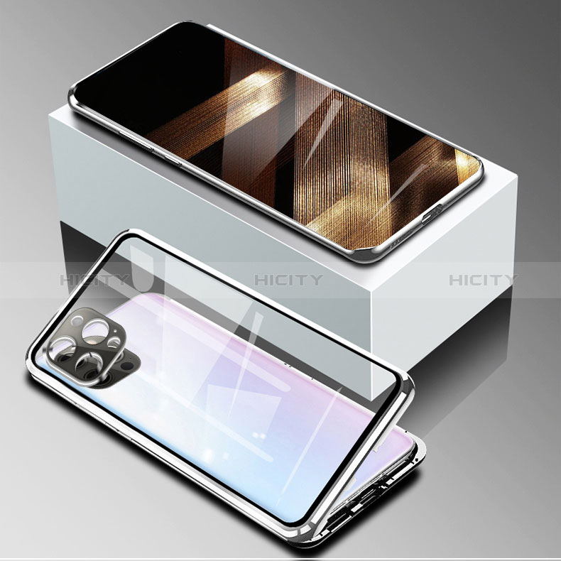 Coque Rebord Bumper Luxe Aluminum Metal Miroir 360 Degres Housse Etui Aimant pour Apple iPhone 14 Pro Argent Plus