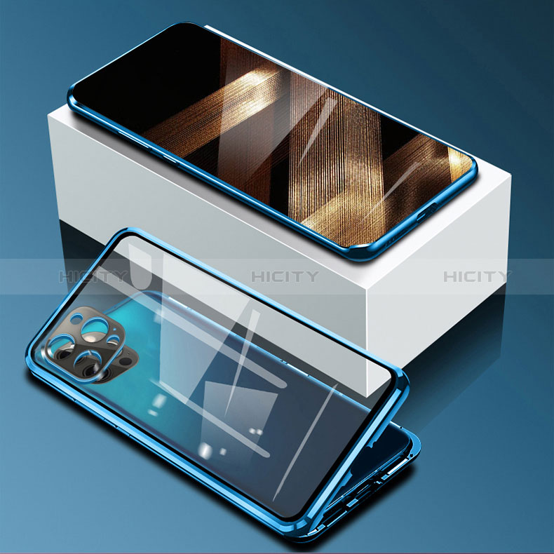 Coque Rebord Bumper Luxe Aluminum Metal Miroir 360 Degres Housse Etui Aimant pour Apple iPhone 14 Pro Bleu Plus