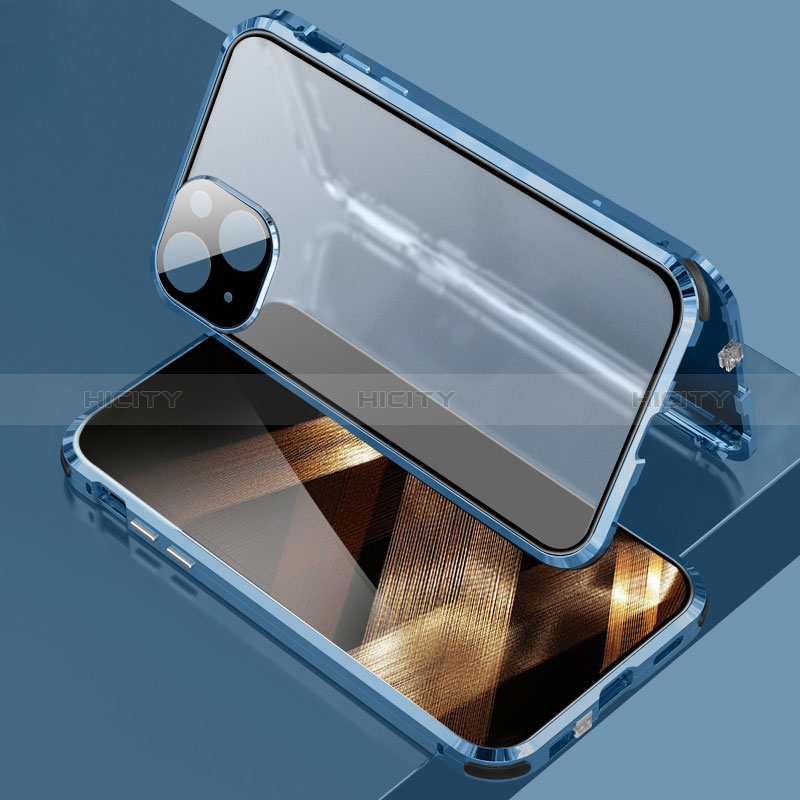 Coque Rebord Bumper Luxe Aluminum Metal Miroir 360 Degres Housse Etui Aimant pour Apple iPhone 15 Bleu Plus