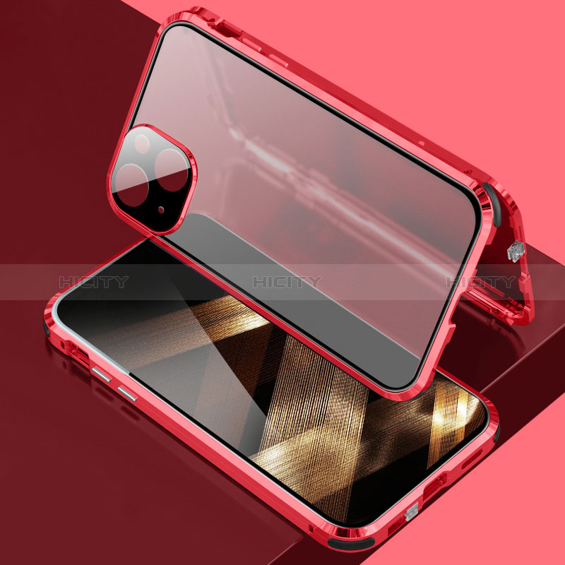 Coque Rebord Bumper Luxe Aluminum Metal Miroir 360 Degres Housse Etui Aimant pour Apple iPhone 15 Plus Rouge Plus