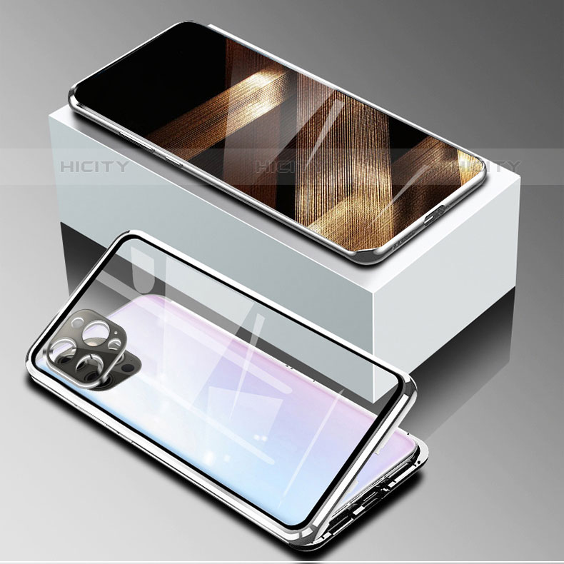 Coque Rebord Bumper Luxe Aluminum Metal Miroir 360 Degres Housse Etui Aimant pour Apple iPhone 15 Pro Max Argent Plus