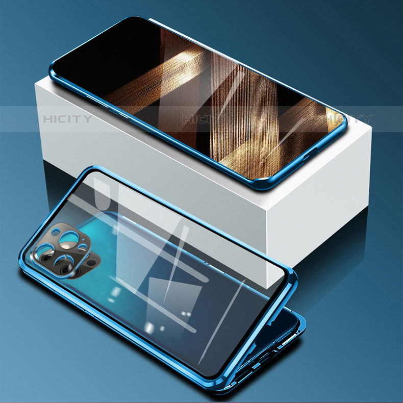 Coque Rebord Bumper Luxe Aluminum Metal Miroir 360 Degres Housse Etui Aimant pour Apple iPhone 15 Pro Max Bleu Plus