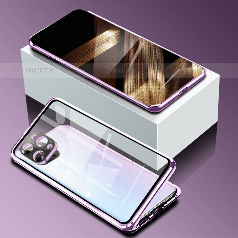 Coque Rebord Bumper Luxe Aluminum Metal Miroir 360 Degres Housse Etui Aimant pour Apple iPhone 15 Pro Max Violet Plus