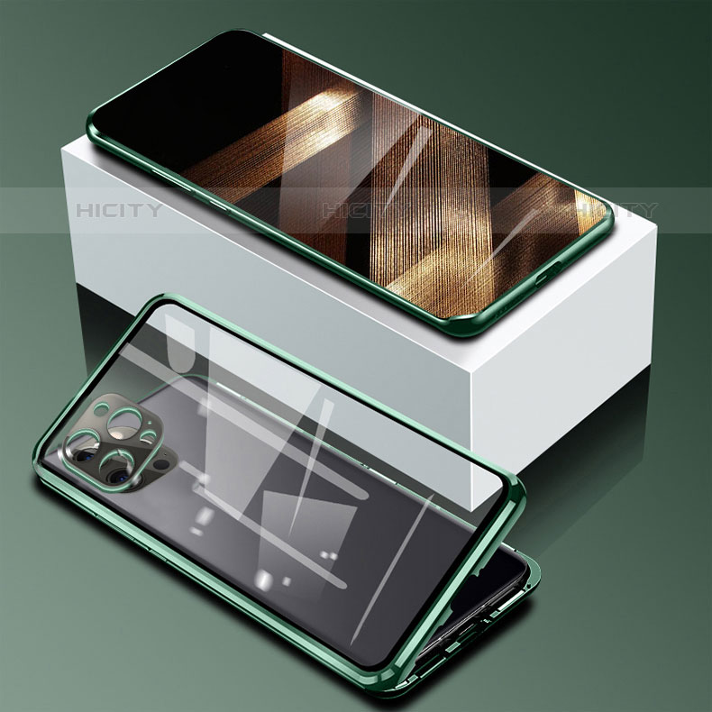 Coque Rebord Bumper Luxe Aluminum Metal Miroir 360 Degres Housse Etui Aimant pour Apple iPhone 15 Pro Vert Plus