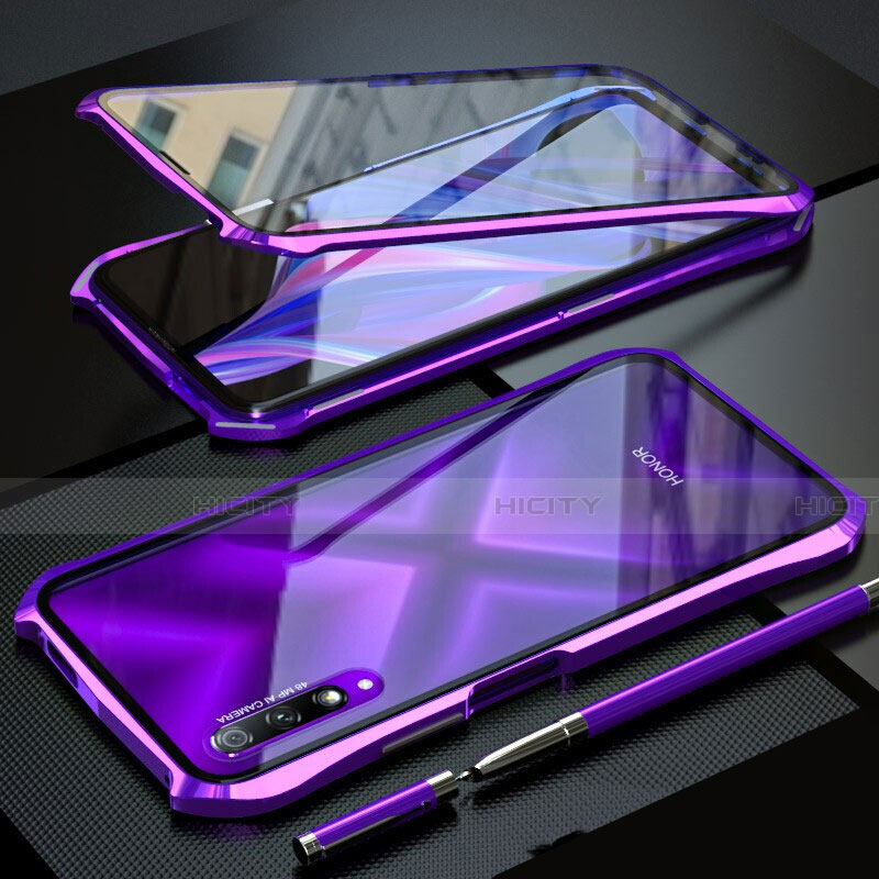 Coque Rebord Bumper Luxe Aluminum Metal Miroir 360 Degres Housse Etui Aimant pour Huawei Honor 9X Pro Violet Plus