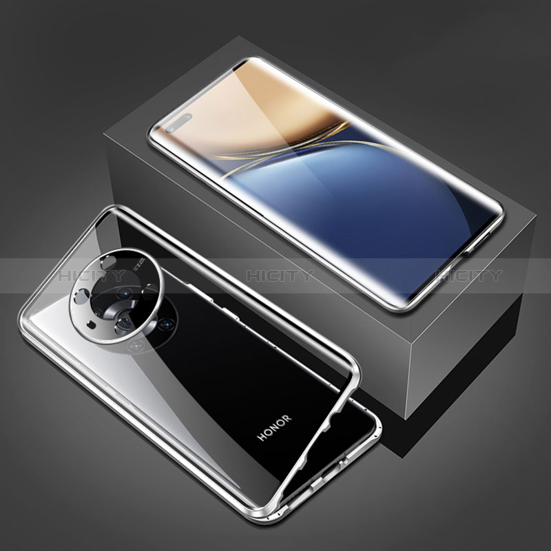 Coque Rebord Bumper Luxe Aluminum Metal Miroir 360 Degres Housse Etui Aimant pour Huawei Honor Magic3 5G Argent Plus