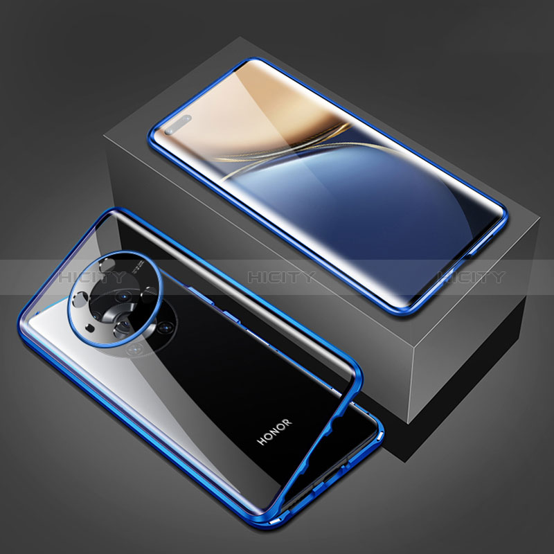 Coque Rebord Bumper Luxe Aluminum Metal Miroir 360 Degres Housse Etui Aimant pour Huawei Honor Magic3 5G Bleu Plus