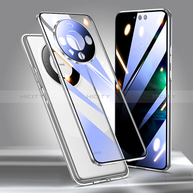 Coque Rebord Bumper Luxe Aluminum Metal Miroir 360 Degres Housse Etui Aimant pour Huawei Mate 60 Pro Argent Plus