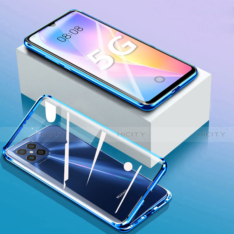 Coque Rebord Bumper Luxe Aluminum Metal Miroir 360 Degres Housse Etui Aimant pour Huawei Nova 8 SE 5G Bleu Plus