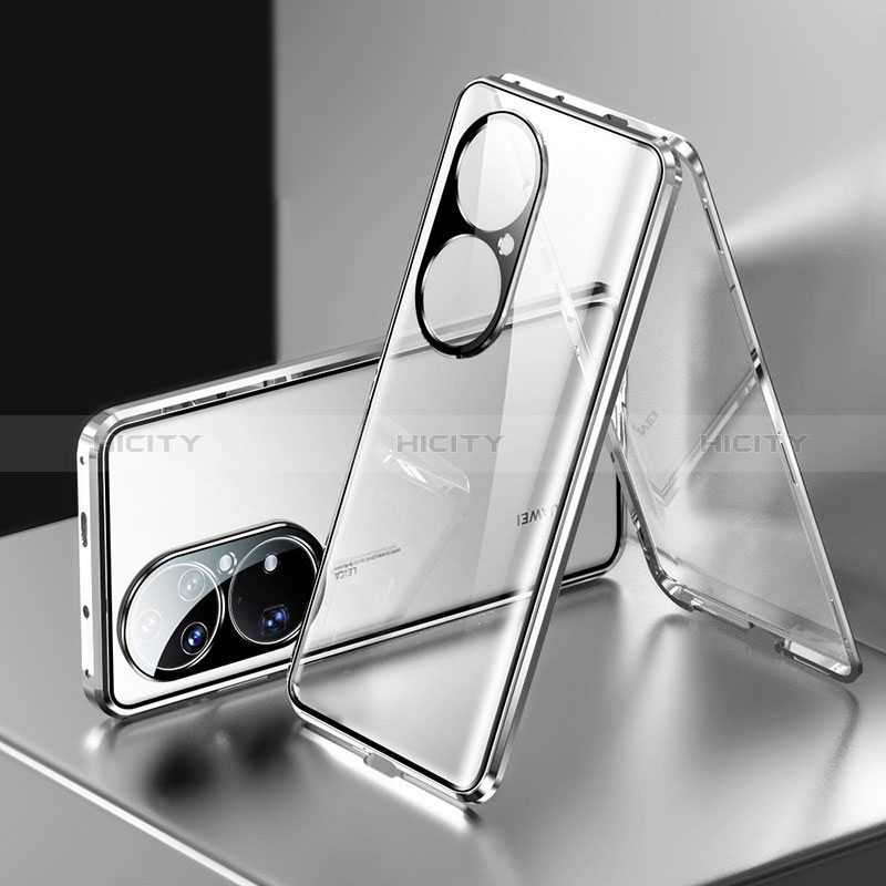 Coque Rebord Bumper Luxe Aluminum Metal Miroir 360 Degres Housse Etui Aimant pour Huawei P50 Argent Plus