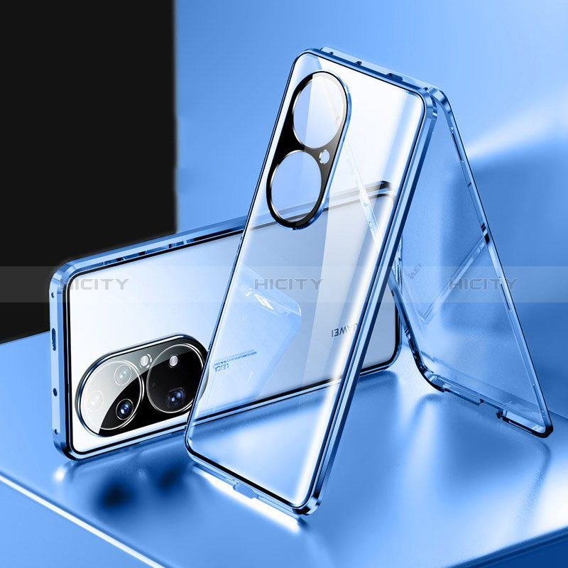 Coque Rebord Bumper Luxe Aluminum Metal Miroir 360 Degres Housse Etui Aimant pour Huawei P50 Bleu Plus