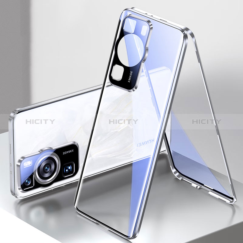 Coque Rebord Bumper Luxe Aluminum Metal Miroir 360 Degres Housse Etui Aimant pour Huawei P60 Argent Plus