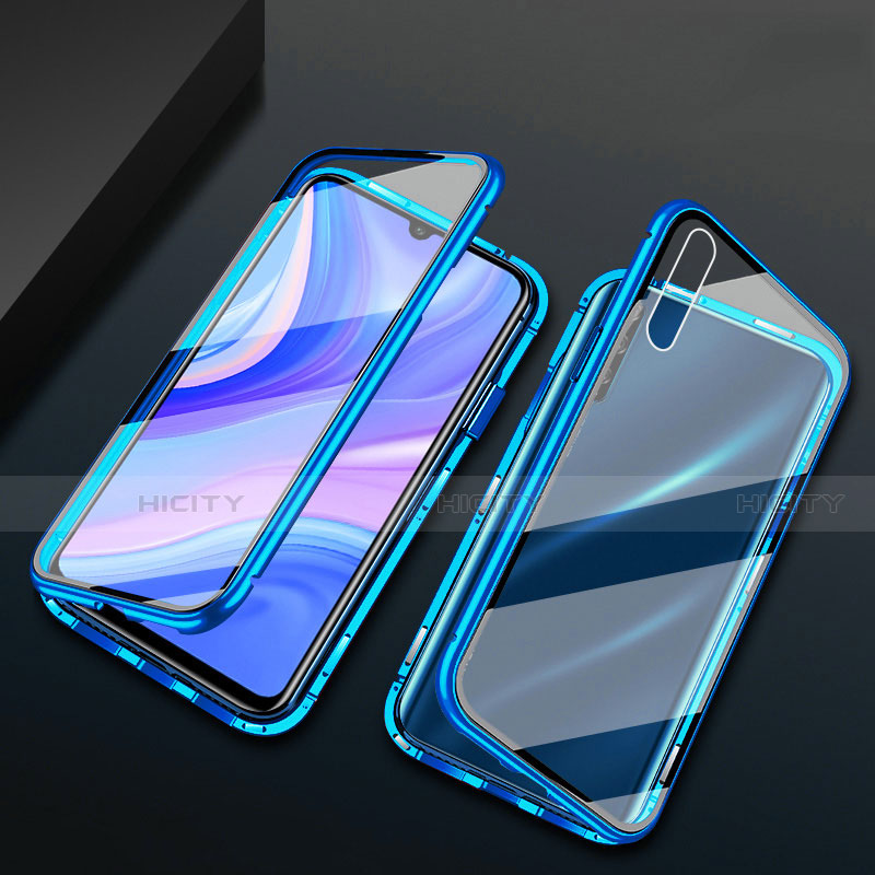 Coque Rebord Bumper Luxe Aluminum Metal Miroir 360 Degres Housse Etui Aimant pour Huawei Y8p Bleu Plus