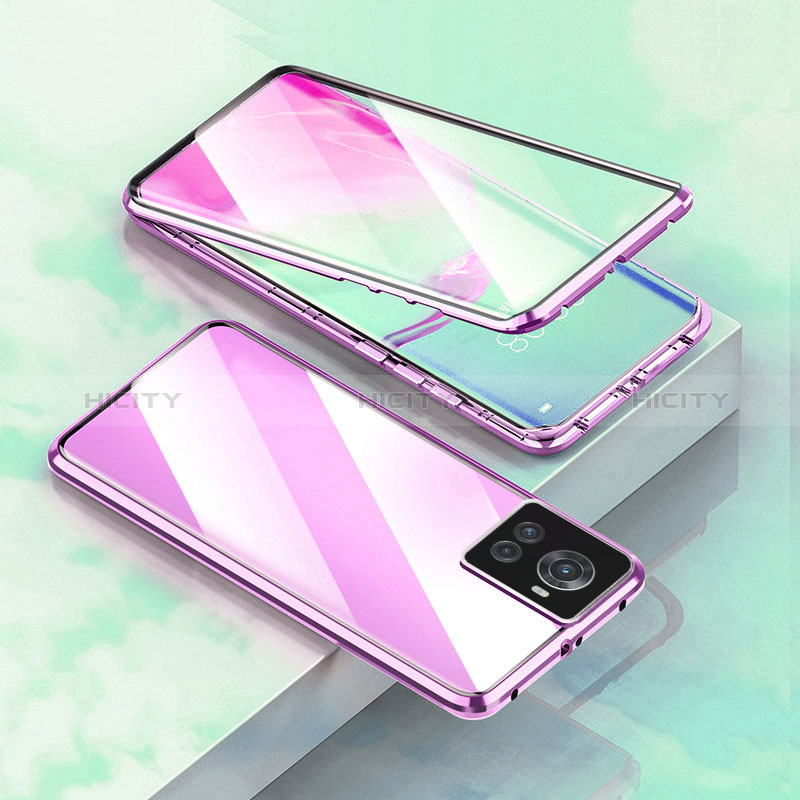 Coque Rebord Bumper Luxe Aluminum Metal Miroir 360 Degres Housse Etui Aimant pour OnePlus 10R 5G Violet Plus