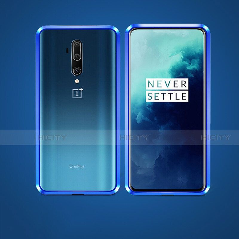 Coque Rebord Bumper Luxe Aluminum Metal Miroir 360 Degres Housse Etui Aimant pour OnePlus 7T Pro 5G Bleu Plus