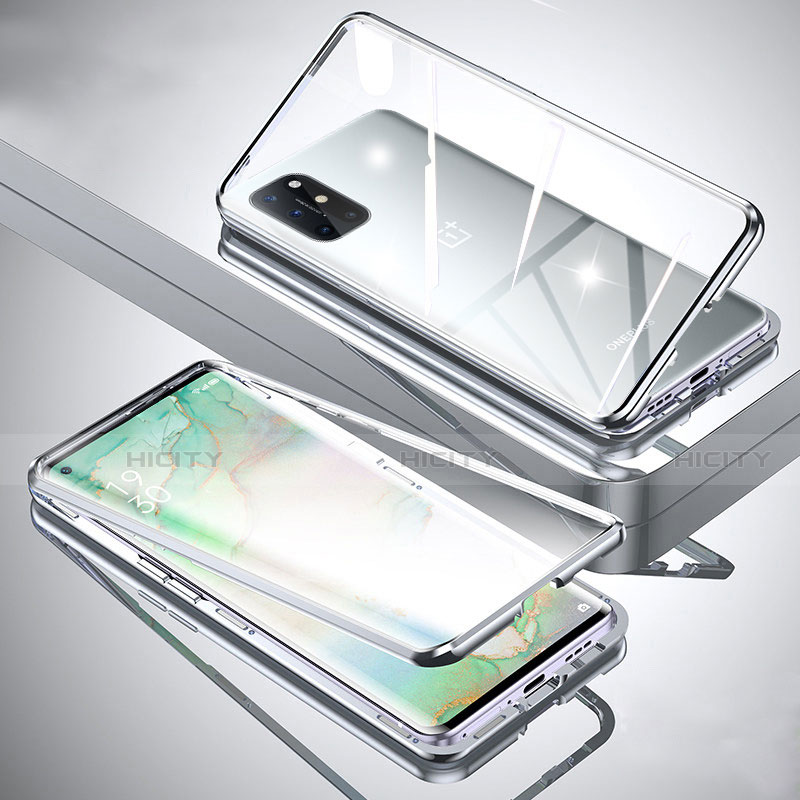 Coque Rebord Bumper Luxe Aluminum Metal Miroir 360 Degres Housse Etui Aimant pour OnePlus 8T 5G Argent Plus