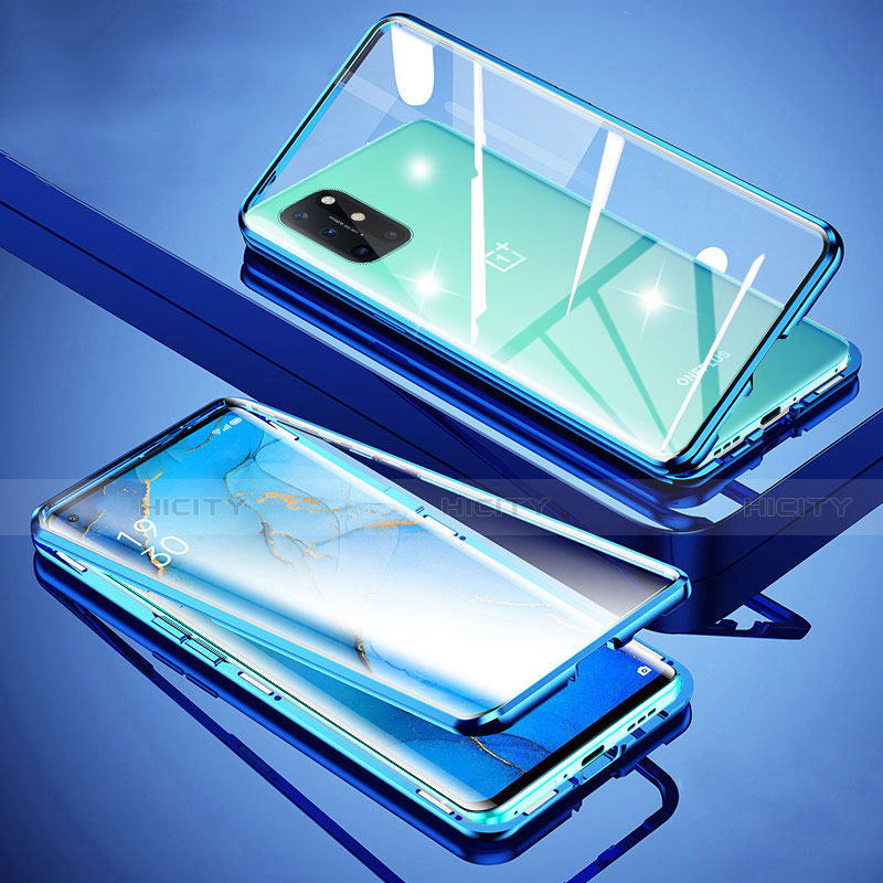 Coque Rebord Bumper Luxe Aluminum Metal Miroir 360 Degres Housse Etui Aimant pour OnePlus 8T 5G Bleu Plus