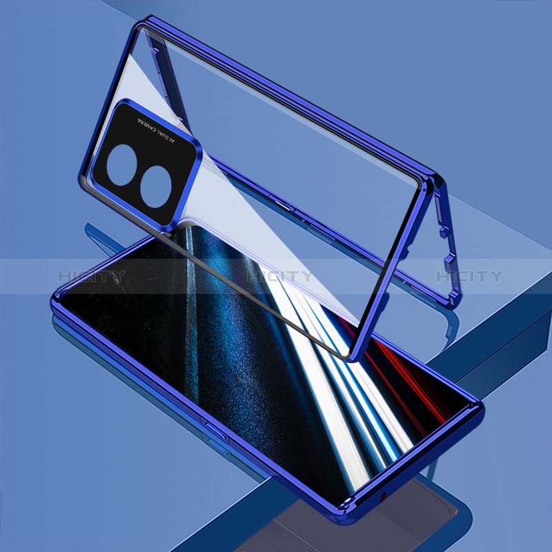 Coque Rebord Bumper Luxe Aluminum Metal Miroir 360 Degres Housse Etui Aimant pour Oppo A18 Bleu Plus