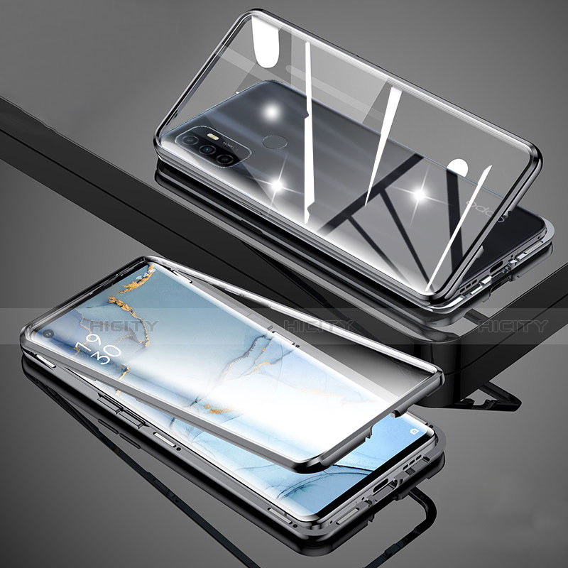 Coque Rebord Bumper Luxe Aluminum Metal Miroir 360 Degres Housse Etui Aimant pour Oppo A32 Noir Plus