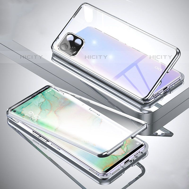 Coque Rebord Bumper Luxe Aluminum Metal Miroir 360 Degres Housse Etui Aimant pour Oppo A53 5G Argent Plus