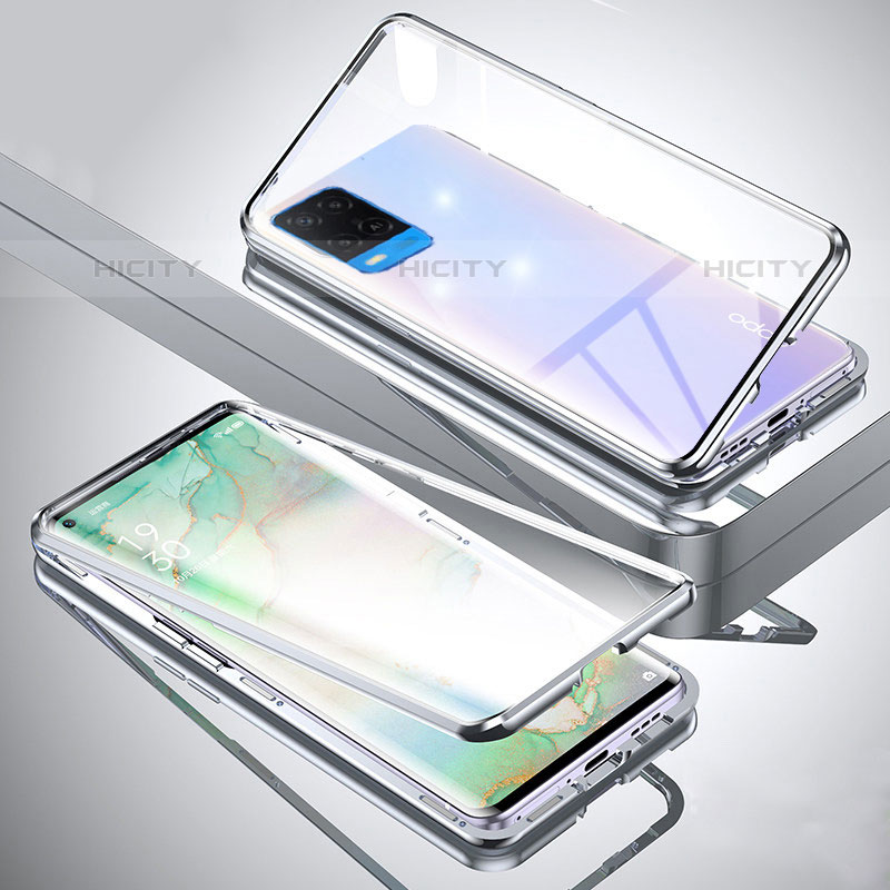 Coque Rebord Bumper Luxe Aluminum Metal Miroir 360 Degres Housse Etui Aimant pour Oppo A54 4G Argent Plus