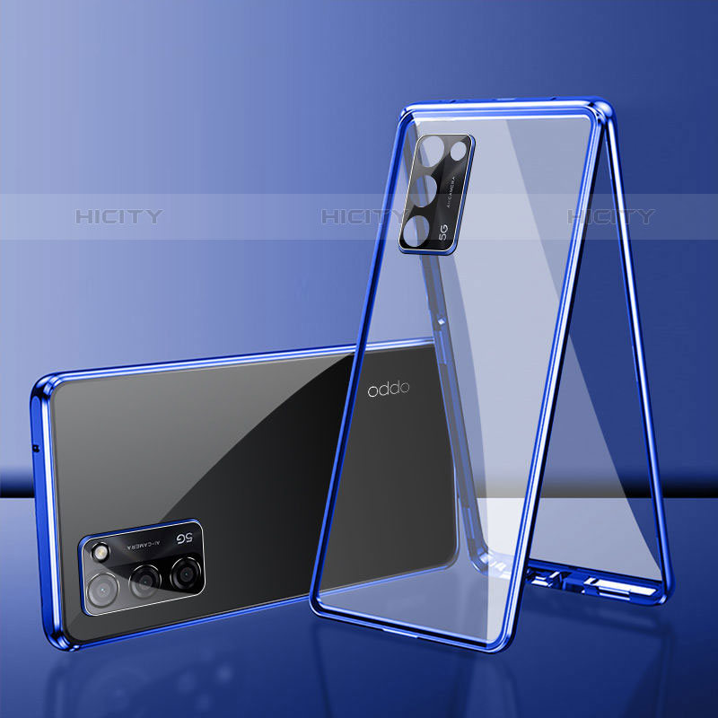 Coque Rebord Bumper Luxe Aluminum Metal Miroir 360 Degres Housse Etui Aimant pour Oppo A55S 5G Bleu Plus