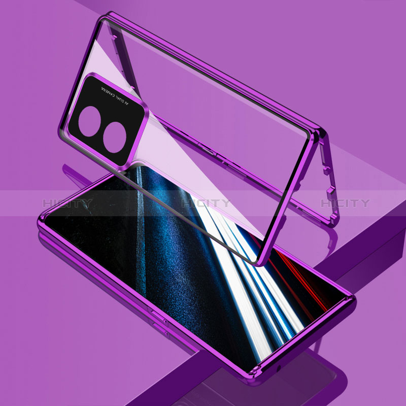 Coque Rebord Bumper Luxe Aluminum Metal Miroir 360 Degres Housse Etui Aimant pour Oppo A58 4G Violet Plus